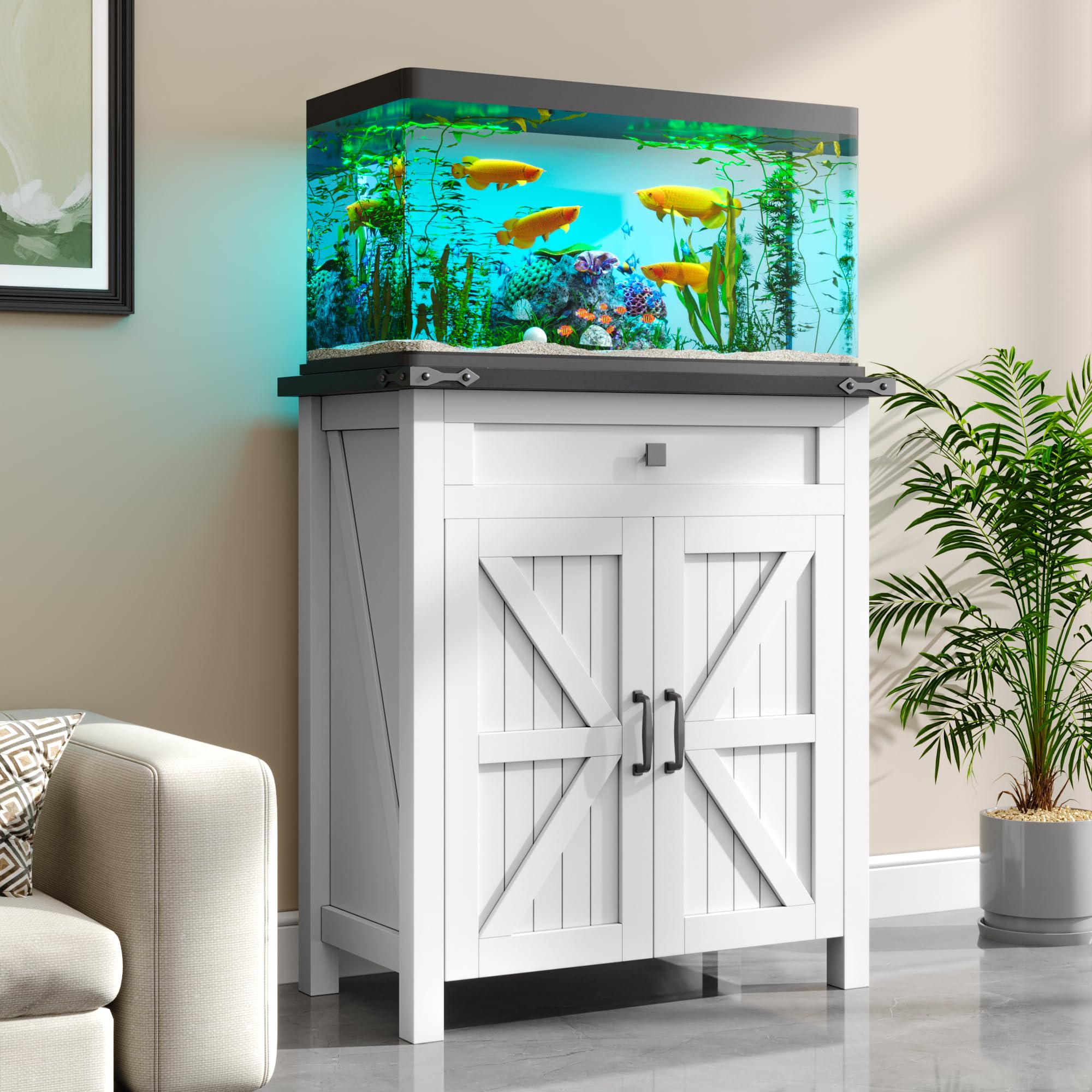 kepptory 20-29 Gallon Fish Tank Stand with Power Outlets, Farmhouse Decorative Aquarium Stand Furniture with Adjustable Shelves and Storage Cabinet, 10 Reptile Turtle Tank Stand (White)