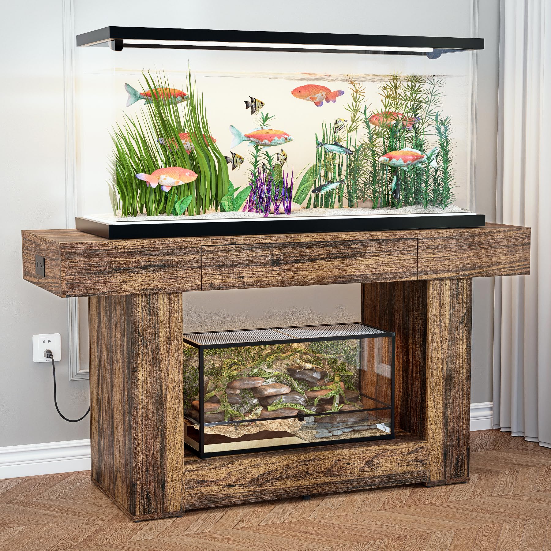 55–75/90 Gallon Aquarium Stand, 48 Inch Fish Tank Stand with Power Outlets & USB Ports, Heavy Duty Double Aquarium Stand for Turtle Reptile Terrarium, Farmhouse Tank Stand,Rustic Brown