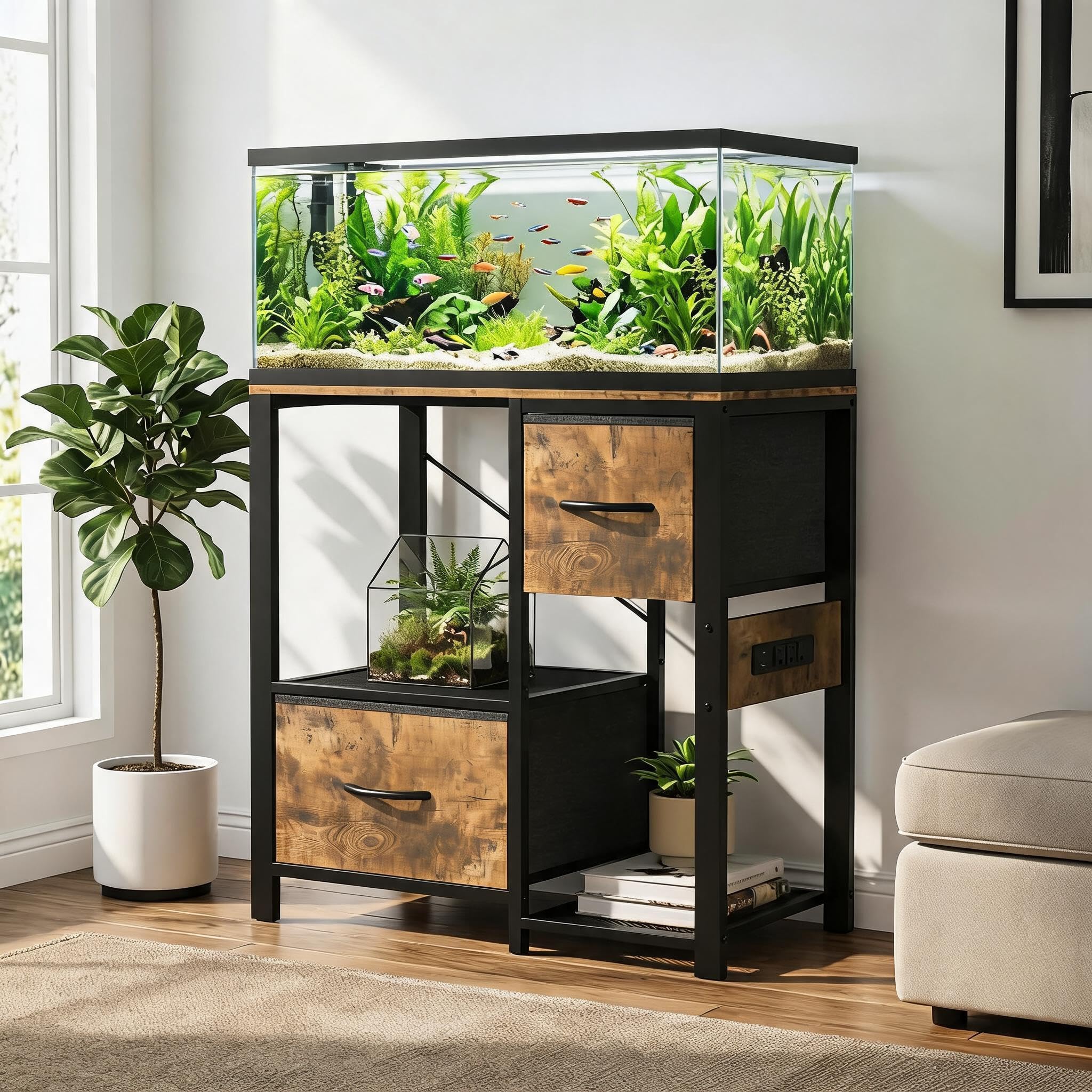 Jojoka 20-29 Gallon Fish Tank Stand, Aquarium Stand Shelf with 2 Drawers and Power Outlet, Heavy Duty Metal Frame, for Fish Tank, Turtle & Reptile Terrarium, 31.5" x 15.7" Top Wood