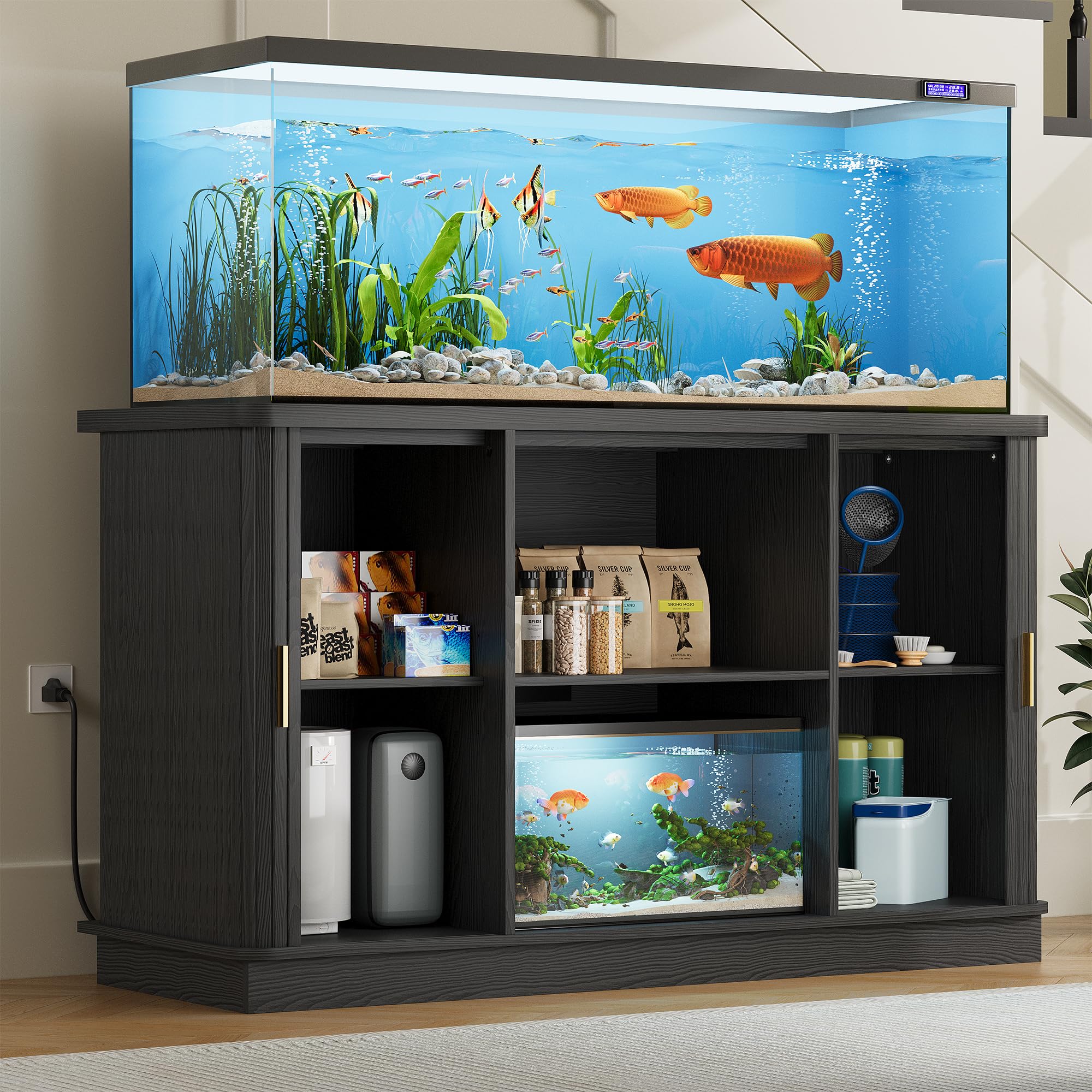 DHH 55-75 Gallon Fish Tank Stand with Power Outlet, Mid Century Modern Aquarium Stand with Adjustable Shelves and Sliding Door,Heavy Duty Reptile Tank Stand for Turtle Terrarium, 1000LB (Black)
