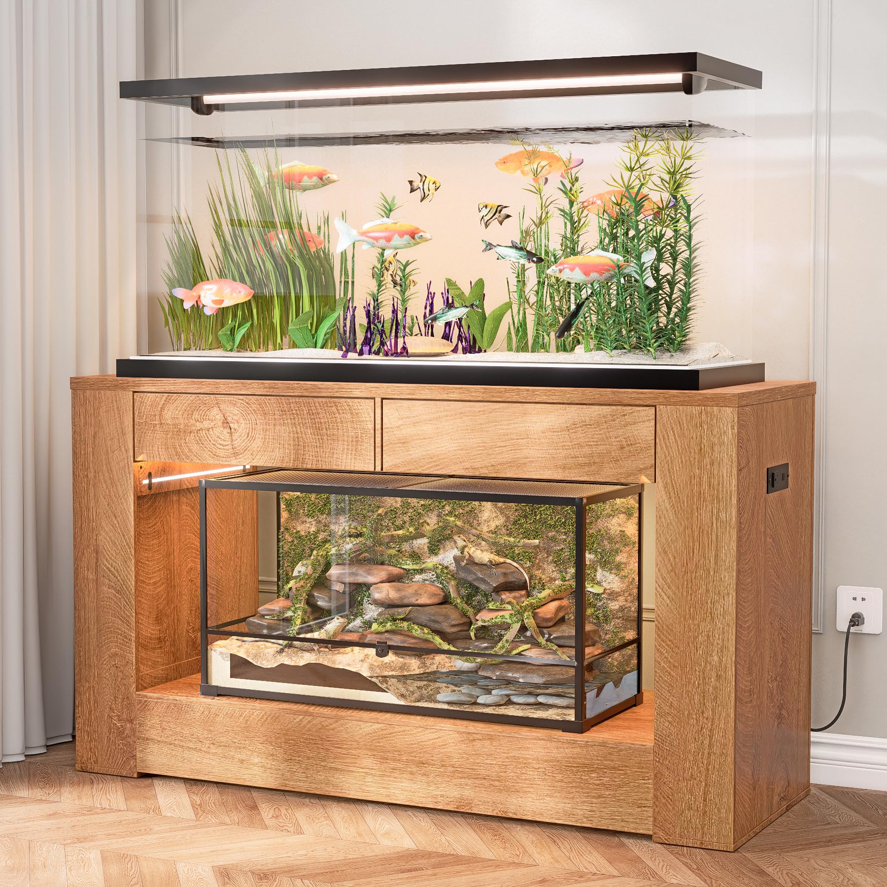 48" Aquarium Stand for 55–75/90 Gallon Tank,Heavy Duty Fish Tank Stand up to 1000 LBS,Aquarium Stand with Power Outlet & LED Light,2-Tier Turtle Reptile Tank Stand with Storage,Natural